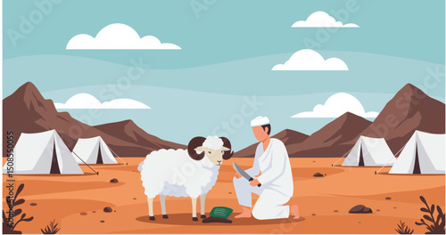A digital illustration of a Muslim man and woman in pilgrimage attire, standing in front of the Kaaba in Mecca. They are seen making du'a (prayers) with the Kaaba in the background under a clear blue 