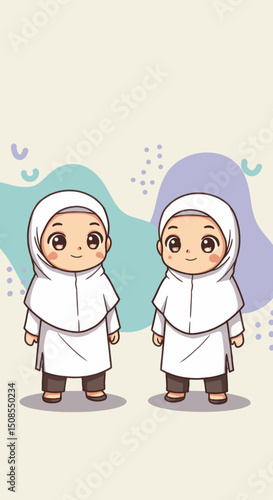 A digital illustration of a Muslim man and woman in pilgrimage attire, standing in front of the Kaaba in Mecca. They are seen making du'a (prayers) with the Kaaba in the background under a clear blue 
