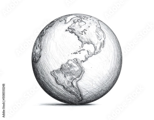 A detailed pencil sketch of the Earth, centered and slightly shadowed, showcasing the Americas prominently