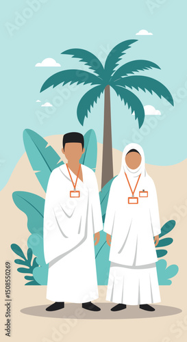 A digital illustration of a Muslim man and woman in pilgrimage attire, standing in front of the Kaaba in Mecca. They are seen making du'a (prayers) with the Kaaba in the background under a clear blue 