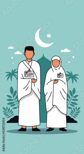 A digital illustration of a Muslim man and woman in pilgrimage attire, standing in front of the Kaaba in Mecca. They are seen making du'a (prayers) with the Kaaba in the background under a clear blue 