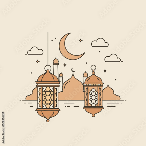 A mystical illustration of a crescent moon and stars shining over a mosque, decorated with colorful lanterns, representing a peaceful night during Ramadan.