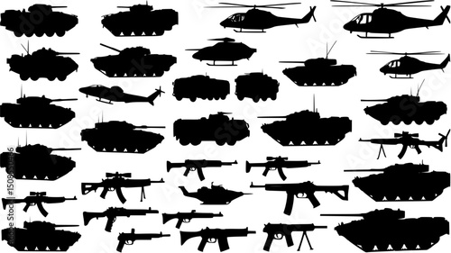 armed forces silhouette set. Collection of various realistic military vehicles and firearms. Vector illustration
