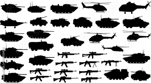 armed forces silhouette set. Collection of various realistic military vehicles and firearms. Vector illustration
