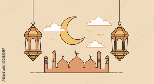 A mystical illustration of a crescent moon and stars shining over a mosque, decorated with colorful lanterns, representing a peaceful night during Ramadan.