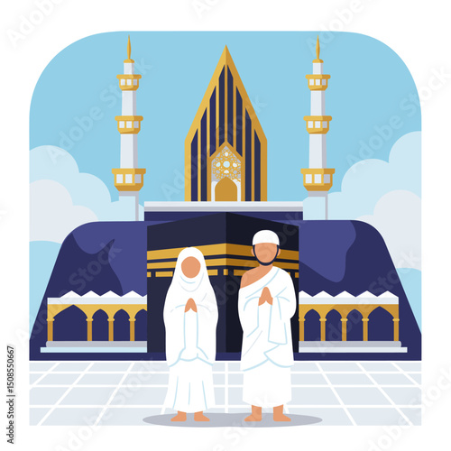 A digital illustration of a Muslim man and woman in pilgrimage attire, standing in front of the Kaaba in Mecca. They are seen making du'a (prayers) with the Kaaba in the background under a clear blue 