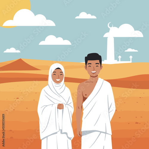 A digital illustration of a Muslim man and woman in pilgrimage attire, standing in front of the Kaaba in Mecca. They are seen making du'a (prayers) with the Kaaba in the background under a clear blue 