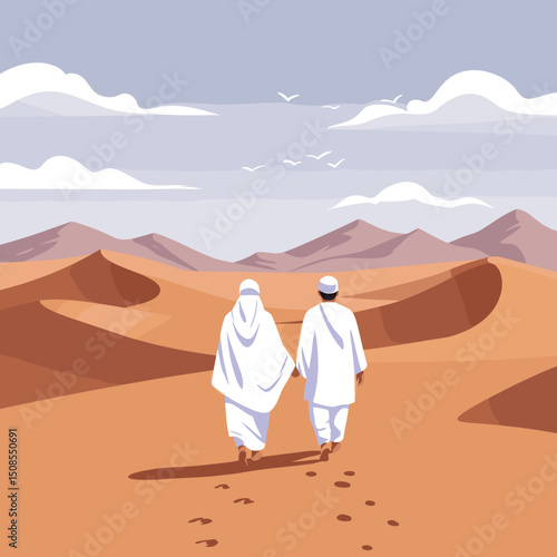 A digital illustration of a Muslim man and woman in pilgrimage attire, standing in front of the Kaaba in Mecca. They are seen making du'a (prayers) with the Kaaba in the background under a clear blue 