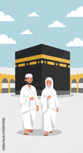 A digital illustration of a Muslim man and woman in pilgrimage attire, standing in front of the Kaaba in Mecca. They are seen making du'a (prayers) with the Kaaba in the background under a clear blue 