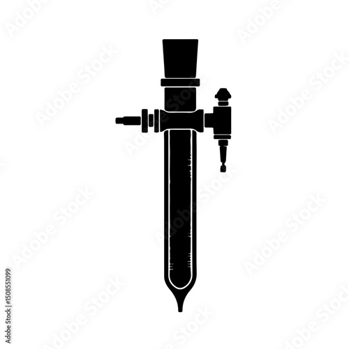 Laboratory Burette Icon for Titration. A precise black and white icon of a laboratory burette, featuring clear measurement markings and a stopcock for controlled liquid dispensing