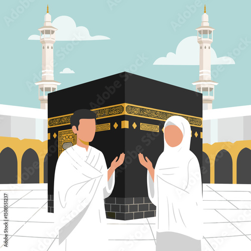 A digital illustration of a Muslim man and woman in pilgrimage attire, standing in front of the Kaaba in Mecca. They are seen making du'a (prayers) with the Kaaba in the background under a clear blue 