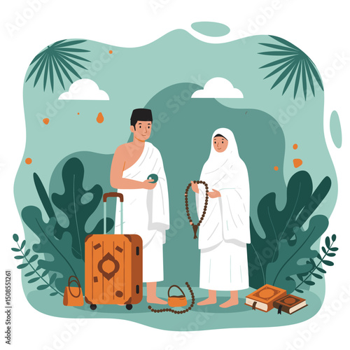 A digital illustration of a Muslim man and woman in pilgrimage attire, standing in front of the Kaaba in Mecca. They are seen making du'a (prayers) with the Kaaba in the background under a clear blue 