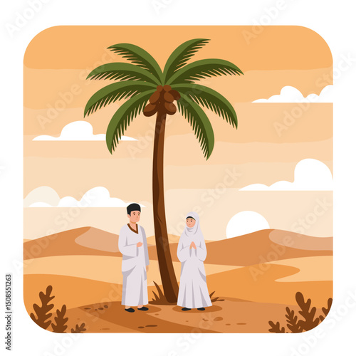 A digital illustration of a Muslim man and woman in pilgrimage attire, standing in front of the Kaaba in Mecca. They are seen making du'a (prayers) with the Kaaba in the background under a clear blue 