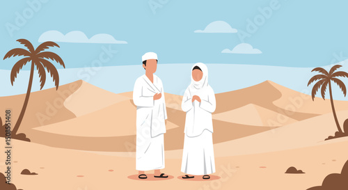A digital illustration of a Muslim man and woman in pilgrimage attire, standing in front of the Kaaba in Mecca. They are seen making du'a (prayers) with the Kaaba in the background under a clear blue 