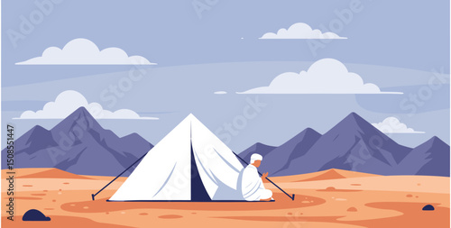 A digital illustration of a Muslim man and woman in pilgrimage attire, standing in front of the Kaaba in Mecca. They are seen making du'a (prayers) with the Kaaba in the background under a clear blue 