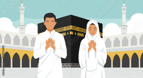A digital illustration of a Muslim man and woman in pilgrimage attire, standing in front of the Kaaba in Mecca. They are seen making du'a (prayers) with the Kaaba in the background under a clear blue 