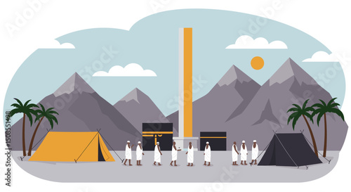 A digital illustration of a Muslim man and woman in pilgrimage attire, standing in front of the Kaaba in Mecca. They are seen making du'a (prayers) with the Kaaba in the background under a clear blue 