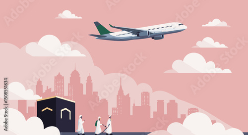 A couple in green Hajj attire standing at the airport, ready for their pilgrimage journey, with luggage in tow, symbolizing the start of their sacred journey.