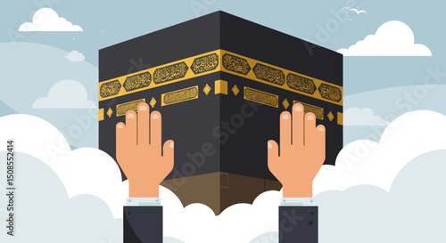 A couple in pilgrimage attire standing in front of the Kaaba in Mecca, representing the beginning of a sacred journey during Hajj.