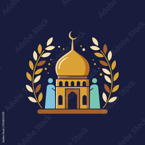 A group of people walking in front of a mosque with a golden dome, symbolizing faith and community in Islam.