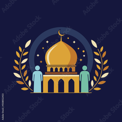  A group of people walking in front of a mosque with a golden dome, symbolizing faith and community in Islam.