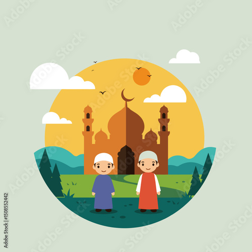  A group of people walking in front of a mosque with a golden dome, symbolizing faith and community in Islam.