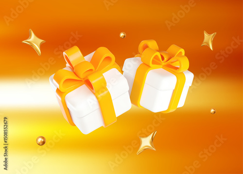 3d white gift box with yellow ribbon and flying gold stars and balls. Stock vector illustration on golden isolated background.