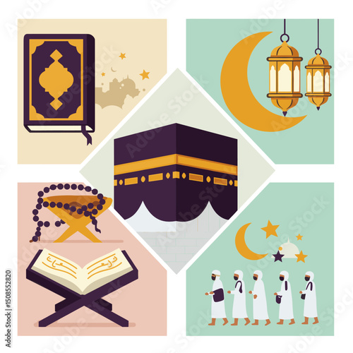 A group of people walking in front of a mosque with a golden dome, symbolizing faith and community in Islam.