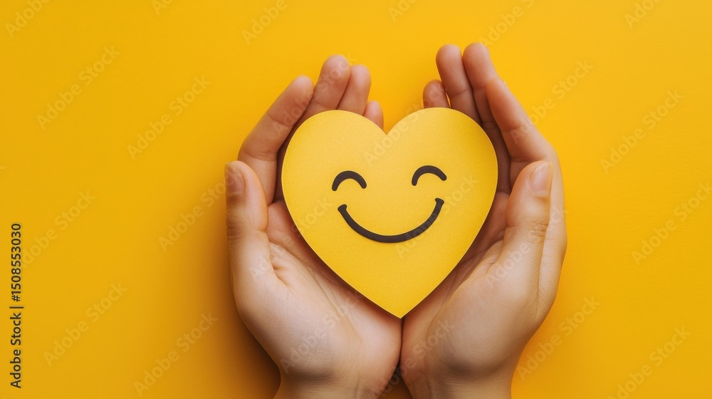 © Marta  Maksymiv - paper cut smiley face in hands make heart symbol for protection around on yellow background. positive thinking, mental health, assessment, world mental health day concept © Marta  Maksymiv - paper cut smiley face in hands make heart symbol for protection around on yellow background. positive thinking, mental health, assessment, world mental health day concept