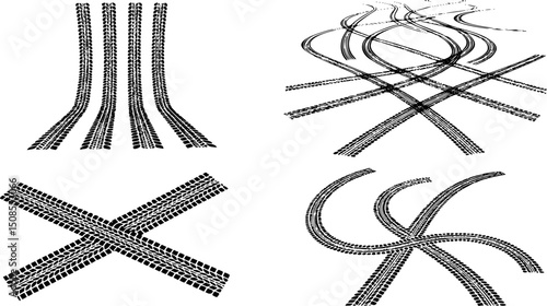 Tire tracks after skidding, launch, drift, powerslide in motorsport, rally, off-road, motocross. Wheel texture with splash effect. Vector, EPS 10 version.