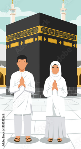 A couple in Hajj attire standing under a crescent moon and palm trees, symbolizing the start of their spiritual pilgrimage to Mecca.