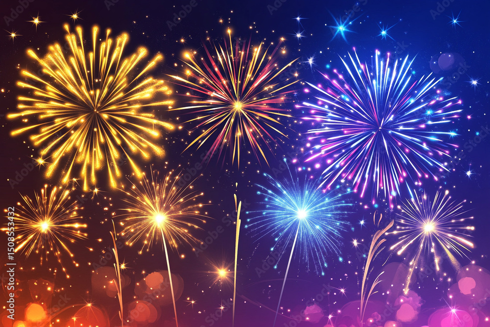 Naklejka premium Fireworks show with foggy aftermath lights