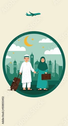 A couple in green Hajj attire standing at the airport, ready for their pilgrimage journey, with luggage in tow, symbolizing the start of their sacred journey.