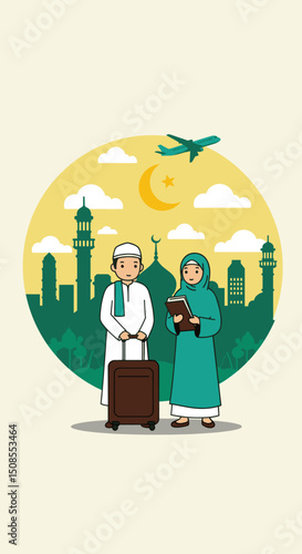 A couple in green Hajj attire standing at the airport, ready for their pilgrimage journey, with luggage in tow, symbolizing the start of their sacred journey.