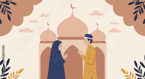 A boy and girl standing in front of a mosque, with a bright orange sunset in the background, symbolizing innocence and spirituality.