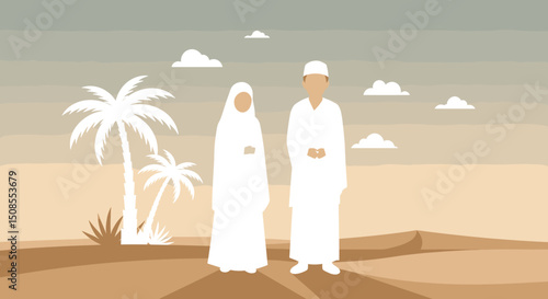 A couple in Hajj attire standing under a crescent moon and palm trees, symbolizing the start of their spiritual pilgrimage to Mecca.