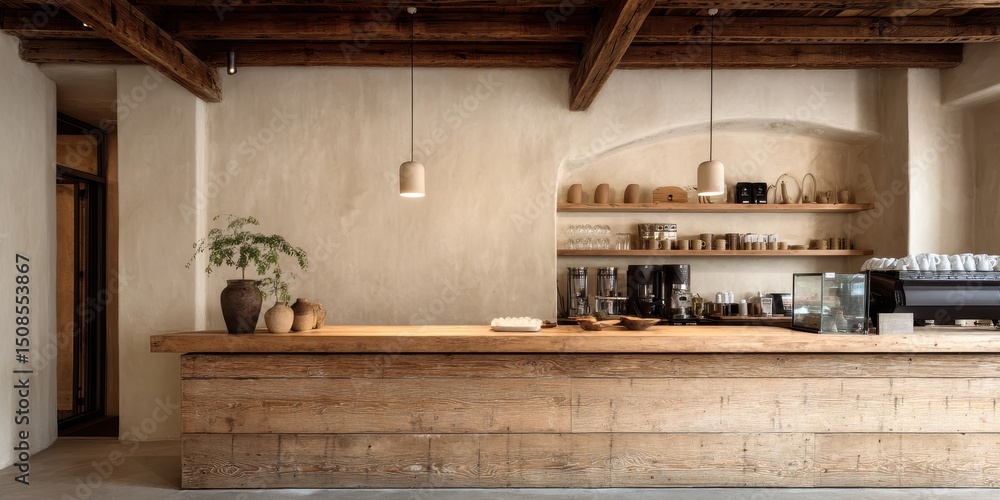 Rustic, light-filled cafe interior with exposed wooden beams. Rustic, light-filled cafe interior with exposed wooden beams.