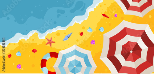 summer beach background with umbrella and seashells – vector illustration