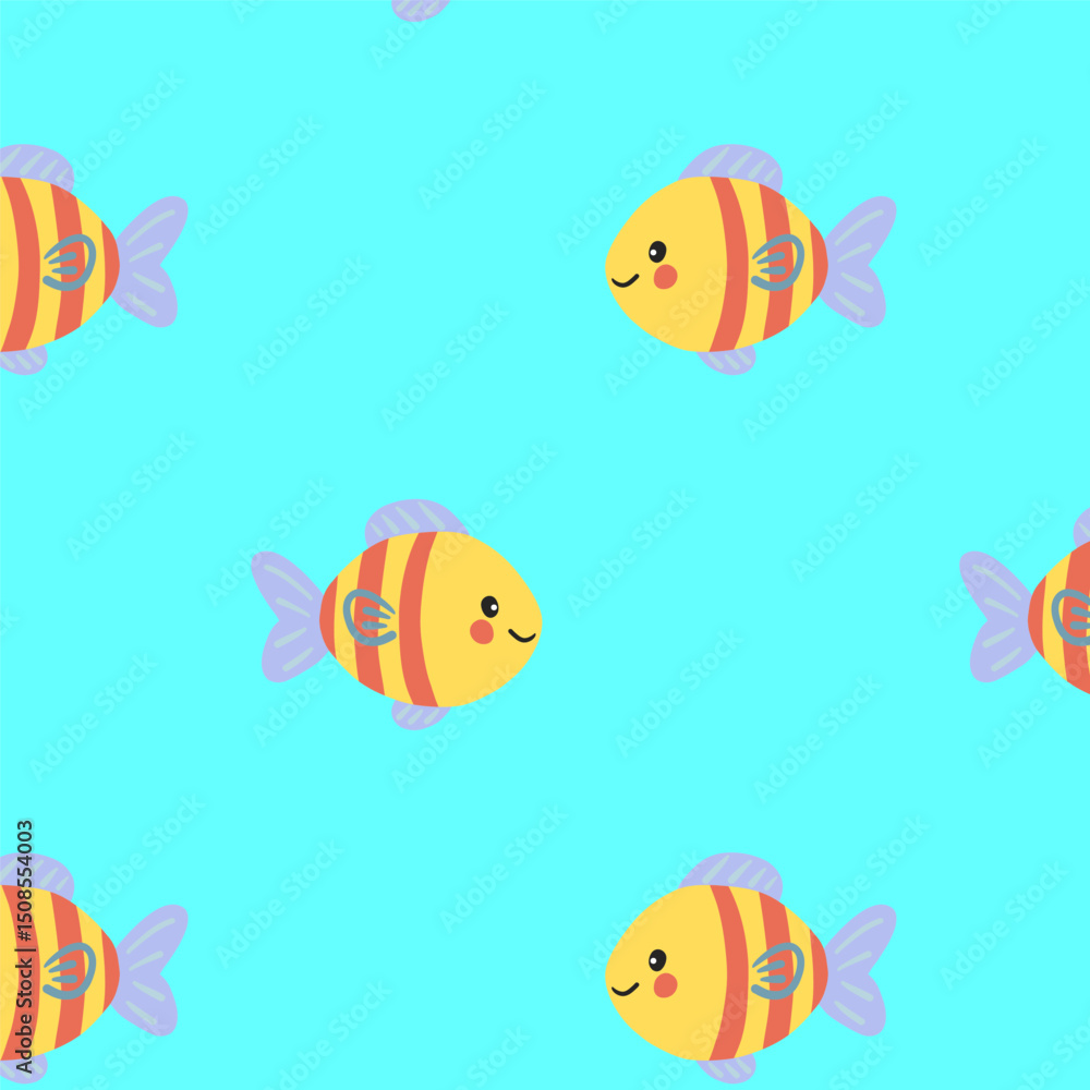 Naklejka premium Ocean animal seamless pattern with a cute fish, ocean animal background with cartoon-style sea fish . Child-friendly marine animal illustration in flat style.