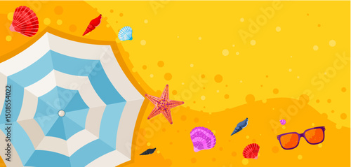summer beach background with umbrella and seashells – vector illustration
