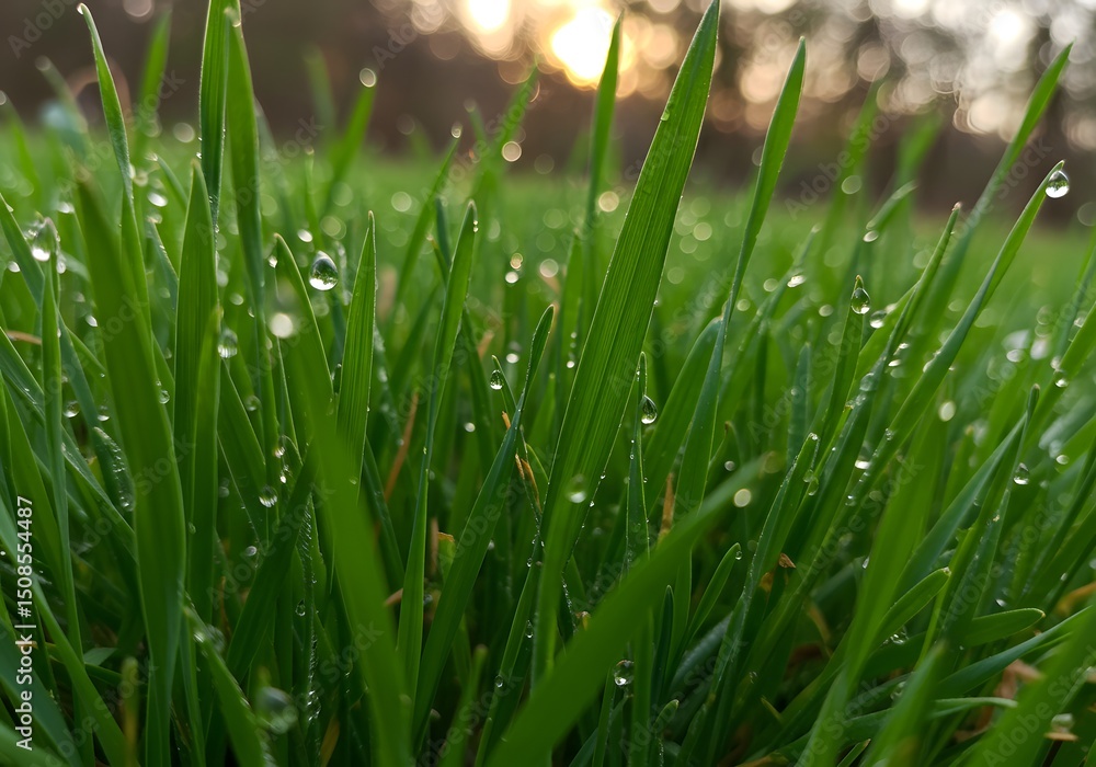 Obraz premium Close-up Dew-Kissed Green Grass Blades at Dawn, Morning Sunlight, Water Droplets, Nature's Beauty.