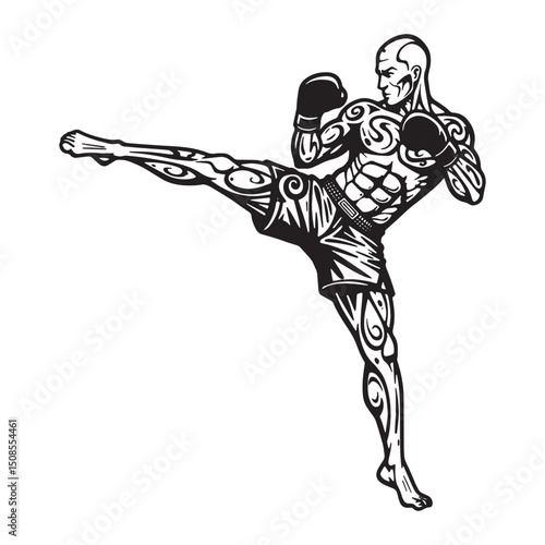 Dynamic Kickboxer Vector with Tribal Tattoo Art for Merchandise