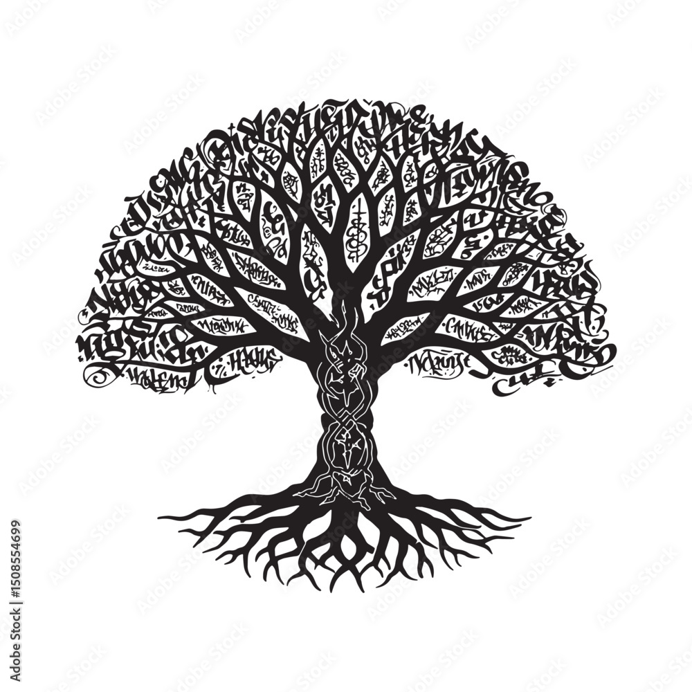 Naklejka premium Monochrome Vector of Yggdrasil Tree of Life with Graffiti Style