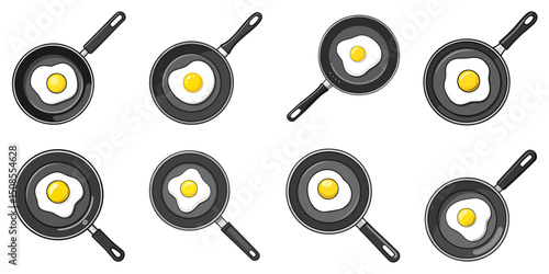 Vector illustration of multiple fried eggs and pans, outline