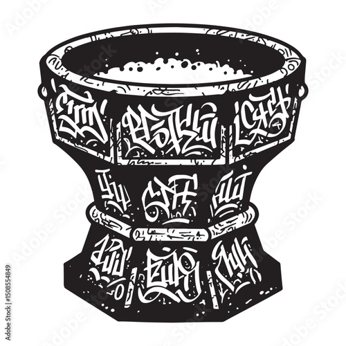 Urban Crucible Vessel with Graffiti Art, Black and White Vector