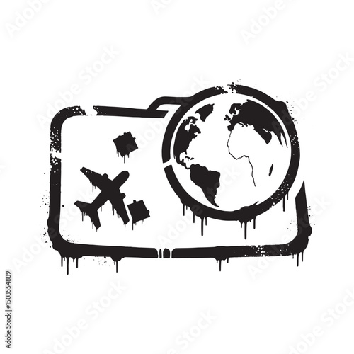 Spray Paint Travel Icon with Suitcase Airplane and Globe design