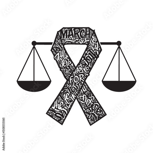 Justice advocacy emblem featuring scales and graffiti style ribb