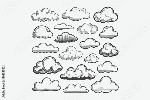 Clouds sketch. Vintage hand drawn sky background with large and small detailed cloudy shapes. Retro pencil drawing. Isolated monochrome cloudscape elements set.
