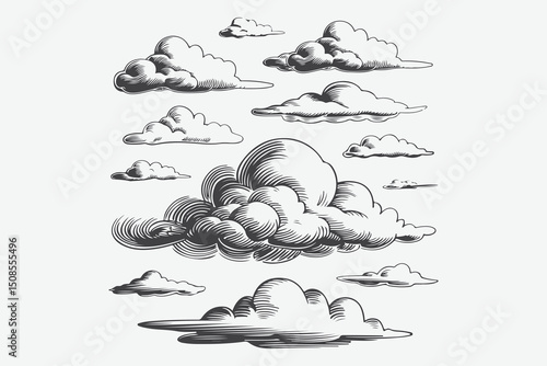 Clouds sketch. Vintage hand drawn sky background with large and small detailed cloudy shapes. Retro pencil drawing. Isolated monochrome cloudscape elements set.