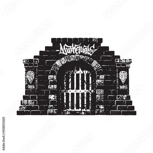 Monochrome Medieval Dungeon Gateway with Graffiti, Urban Decay V